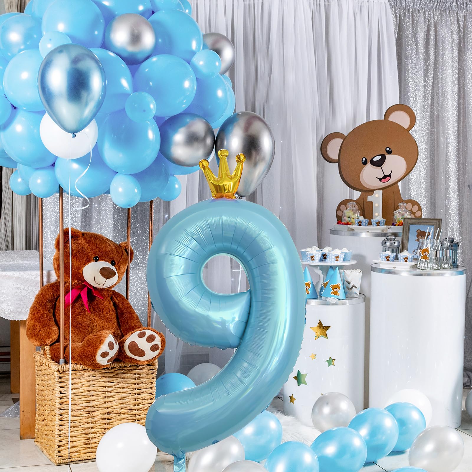 ASTARON Number 9 Balloon 40 Inch Number Balloons for Birthday Party Decorations， Blue 9th Birthday Balloons with Crown for Boys Birthday Decor Anniversary Decorations