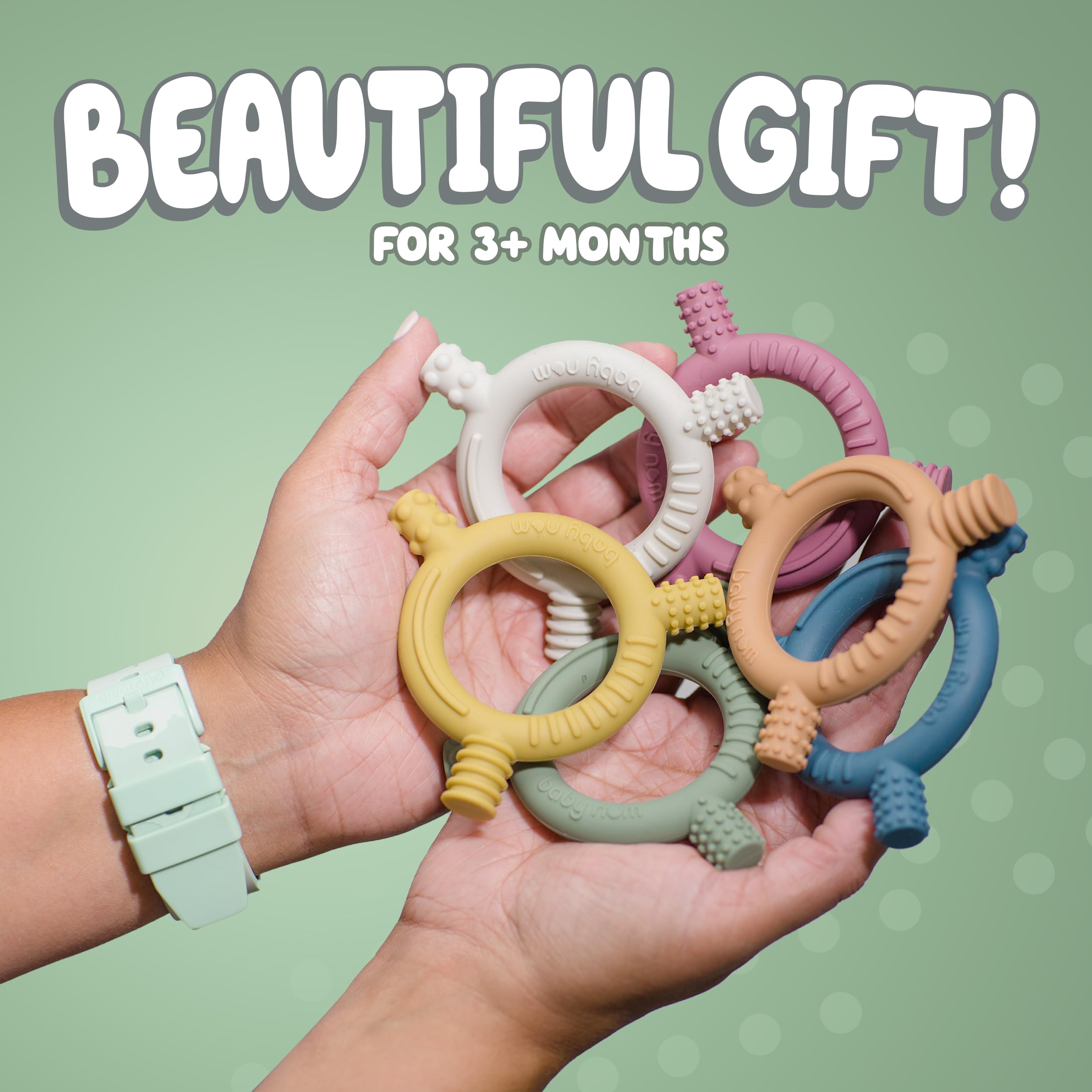 Baby Nom ® Teething Toys for Baby 3 Months and Up - 100% BPA-Free Food Grade Silicone Baby Teether, Baby Teething Ring for Sensory Development, Teething Toys for Baby - Freezer Friendly, Olive