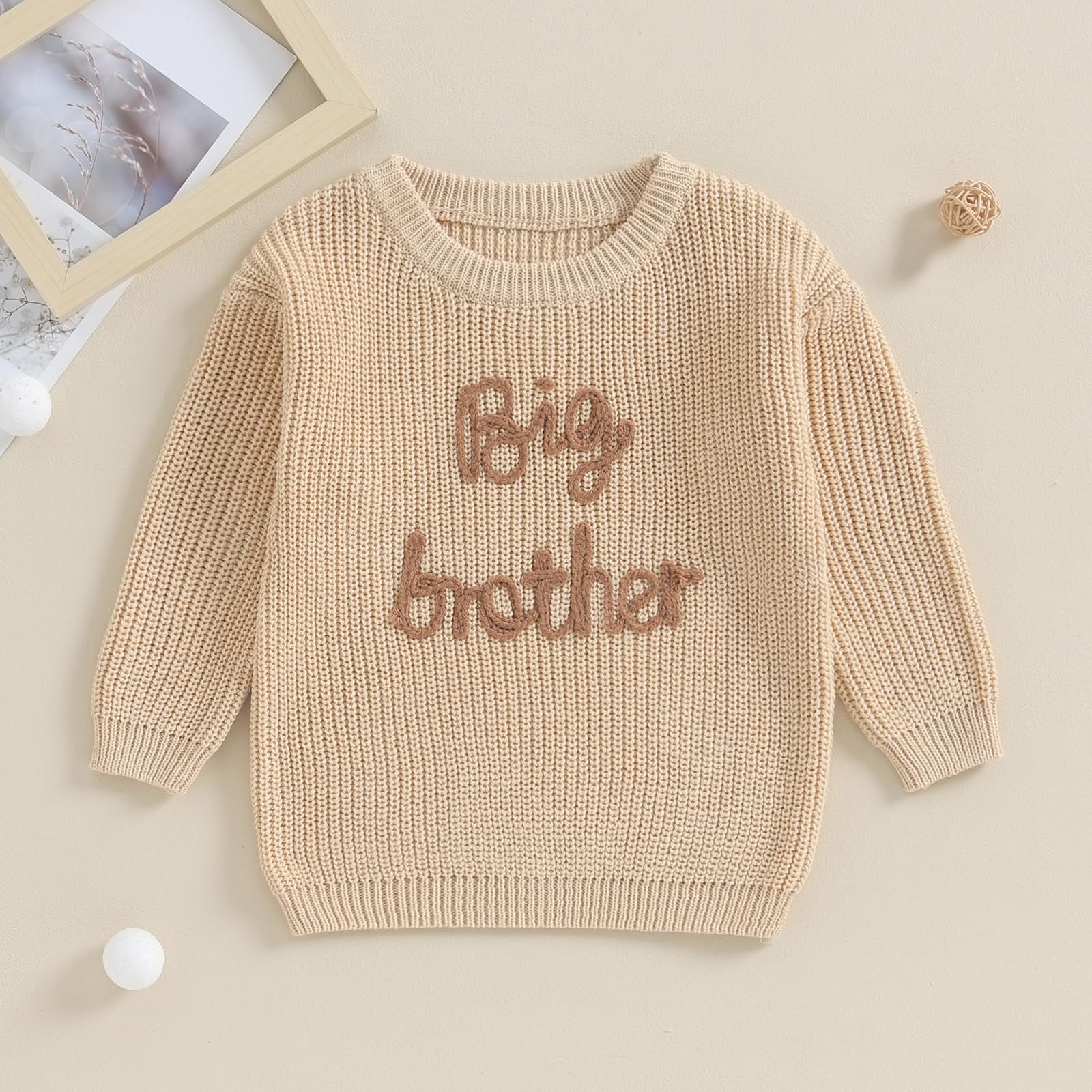 PanLidapan Brother Matching Clothes Embroidery Big Little Brother Jumper Knitted Sweater Kid Toddler Baby Boy Pullover Top (Big Brother Khaki, 18-24 Months)