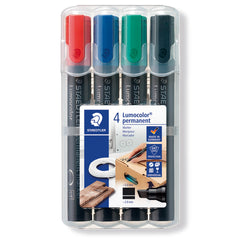 STAEDTLER 350 WP4 Lumocolor Permanent Marker, Chisel Tip 2-5mm Line Width - Assorted Colours (Pack of 4)