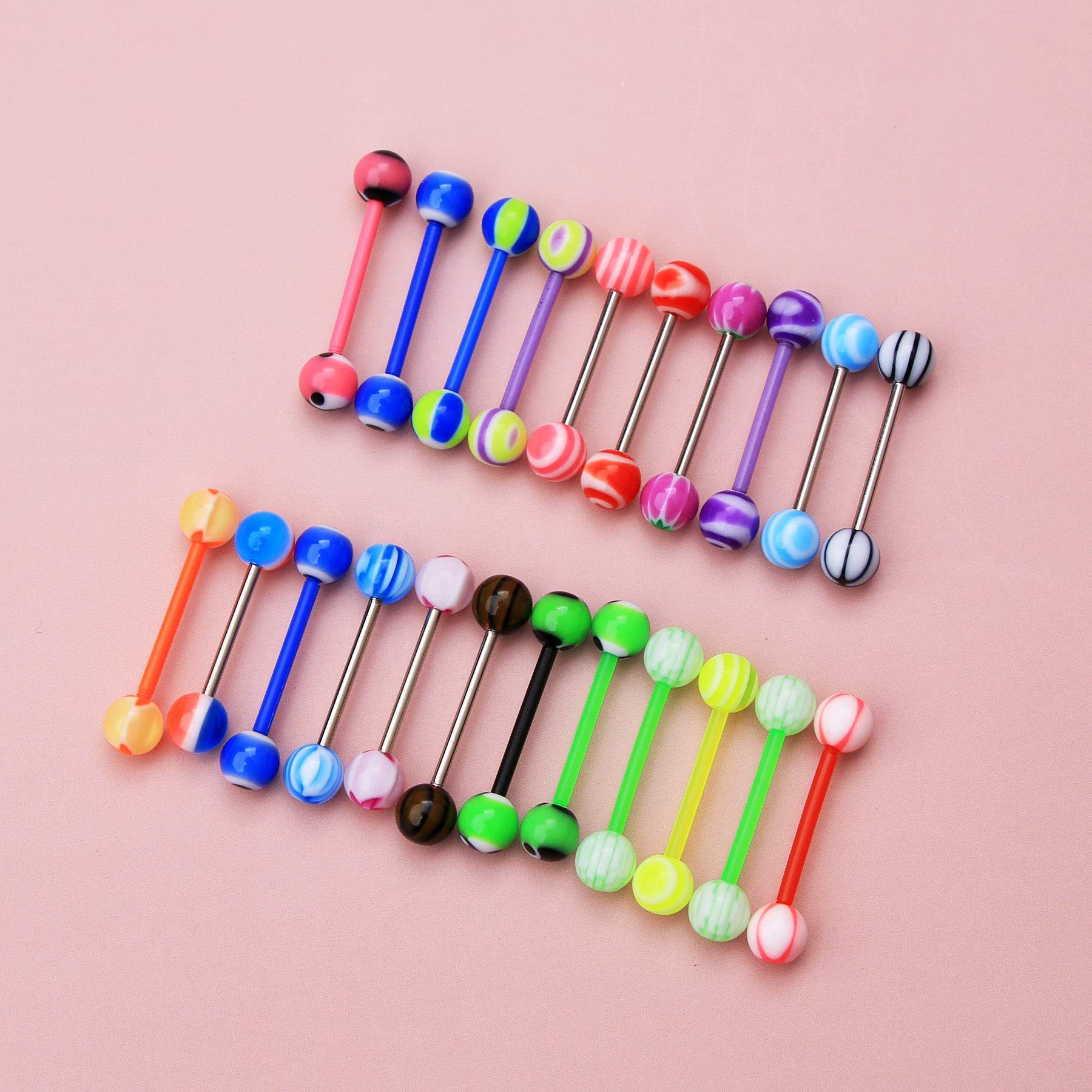 CM Crareesi Mania 30PCS Tongue Rings Pack Colorful Tongue Rings Stud Random Color Tongue Bars Stainless Steel/Acrylic 14G Tongue Barbells