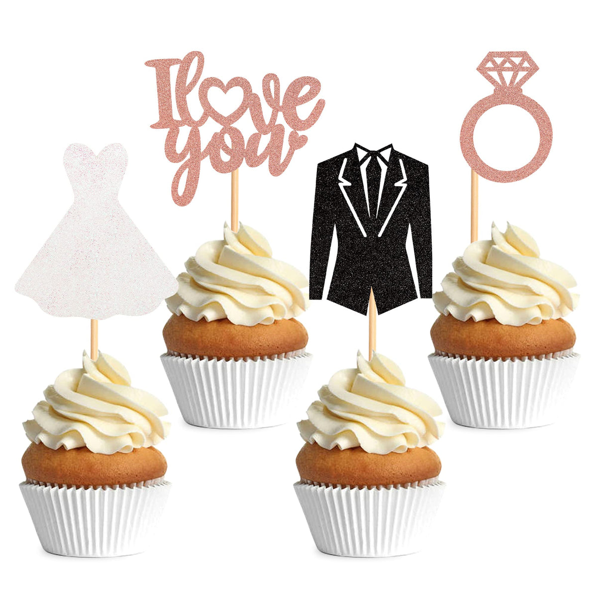 Blumomon 24Pcs Glitter I Love You Cupcake Toppers with Diamond Wedding Cake Toppers Groom and Bride Cupcake Picks for Bridal Shower Bachelorette Party Hen Party Supplies Engagement Decorations