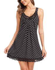 Lovasy Nighties for Women Soft Nightdresses for Women UK Loose Ladies Nightdresses Sleeveless Women's Nightdresses with Lace Ladies Nighties V Neck Night Dress Women Chemise Negligee,Black Dots,S