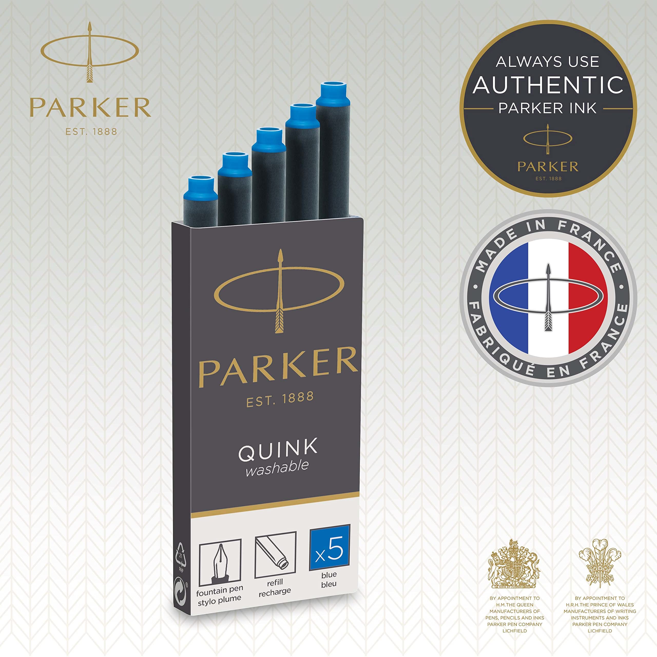 Parker Fountain Pen Ink Refill Cartridges   Long   Washable Blue QUINK Ink   10 Count (Blister)