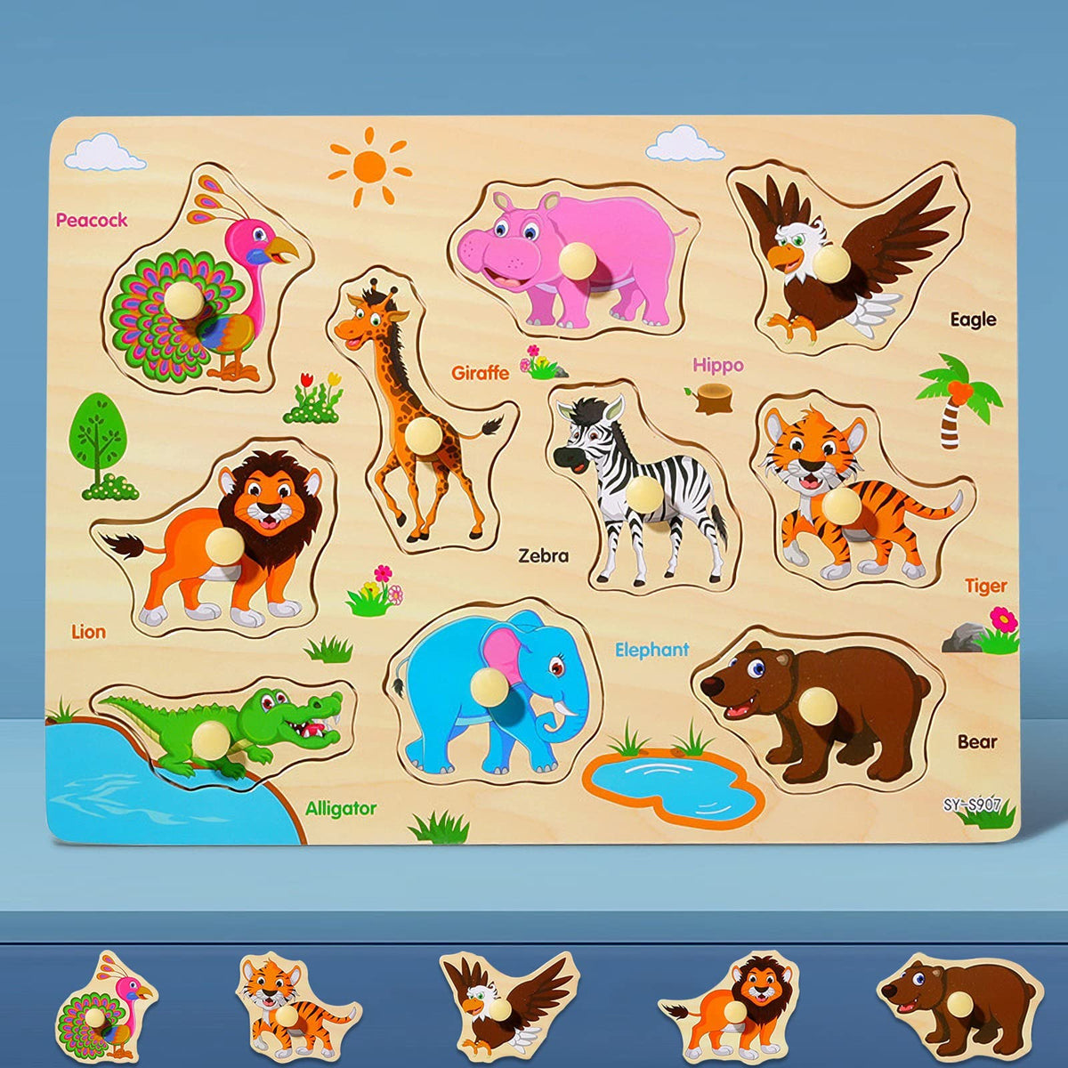 Wooden Peg Puzzles for Kids 2 3 Year Olds   Educational Toddler Jigsaws for Girls Boys Gifts (Wild Animals)