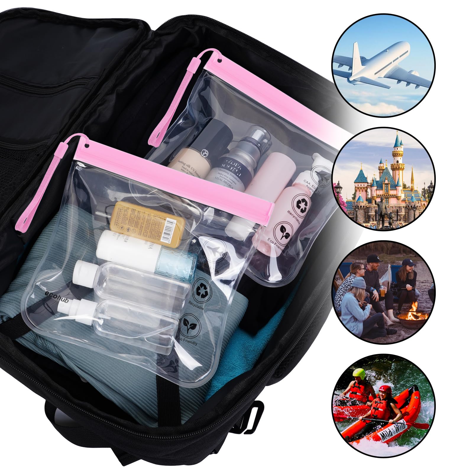 ECOHUB Airport Security Liquids Bags, EVA Airport Liquid Bag 20 x 20cm Airline Approved Clear Travel Toiletry Bag for Women Men, Zip Lock Bags with Strap for Travel (2 pcs Pink)