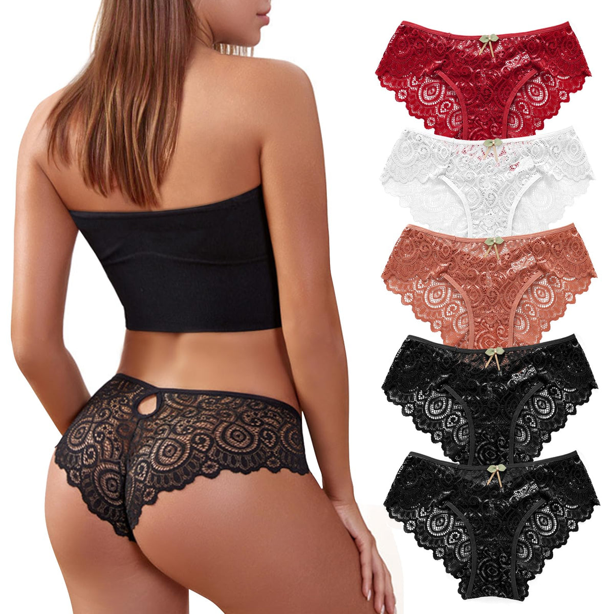 SHAINE 5pcs Women's Knickers Sexy Lace Briefs Underwear Fit Panties Low Rise Soft Bikini