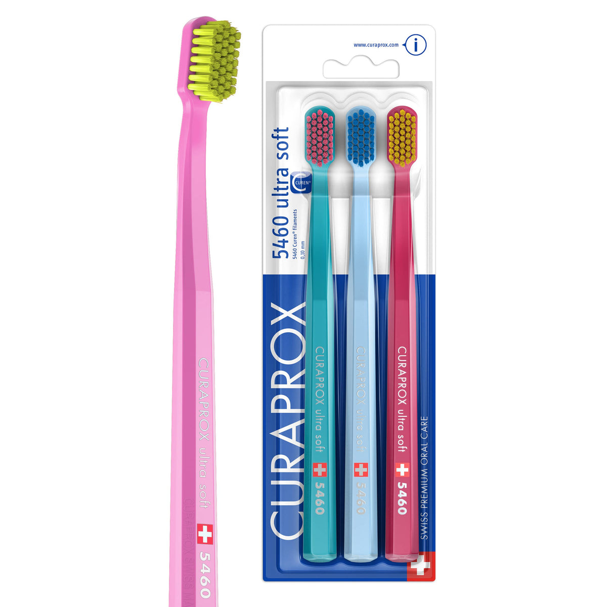 Curaprox Toothbrush Set CS 5460 - Pack of 3 Ultra Soft Manual Toothbrushes for Adults 5460 with Super Soft CUREN Bristles - Random Color