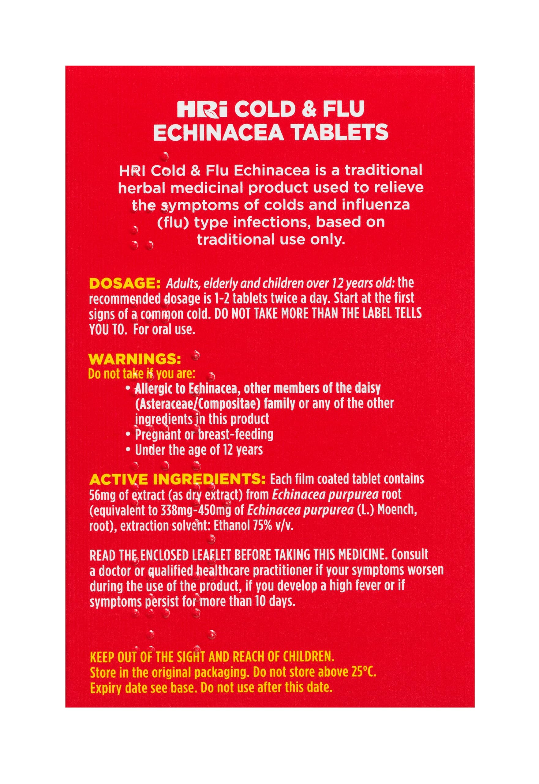 HRI Cold and Flu Echinacea - 30 Tablets. to Relieve The Symptoms of Colds and Flu Type Infections. 338 to 450 mg of Echinacea Purpurea. 1 Pack