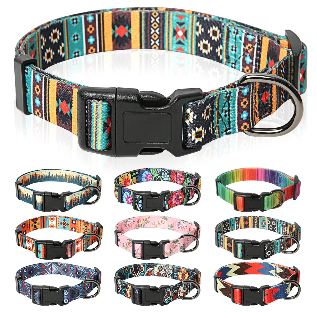 HEELE Dog Collar Medium Multi-Colour Patterned Soft Comfy Dog Pet Collars Easy Adjustable Collar for Small Medium Dogs Indoor Outdoor Activities, Bohemian Cyan, M