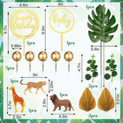 Heyu-Lotus Animal Cake Toppers, 15 PCS Safari Jungle Baby Shower Cake Toppers with Artificial Plam Leaves Eucalyptus Leaves Decors with Lion Giraffe Cheetah for Wild Theme Birthday Baby Shower Party