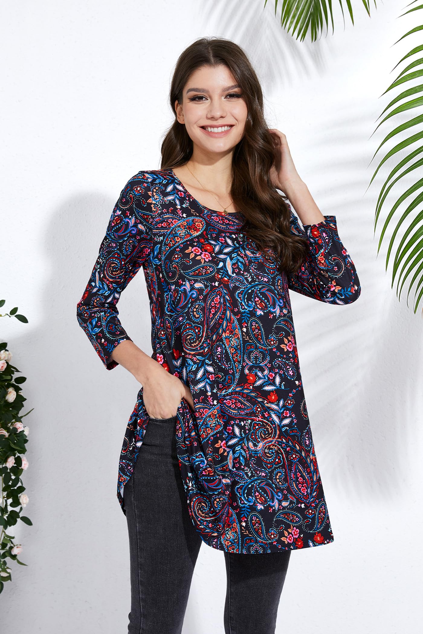 Enmain Tunic Tops for Women UK 3/4 Sleeve Long Ladies Tunics Casual Black Paisley Tunic Top for Leggings Loose Blouse Shirt Round Neck S