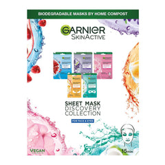 Garnier Sheet Mask Discovery Collection, Face & Eye Sheet Masks for Dehydrated, Dull and Tired Skin, With Hyaluronic Acid and Glycerine, Skin Active, Pack of 5