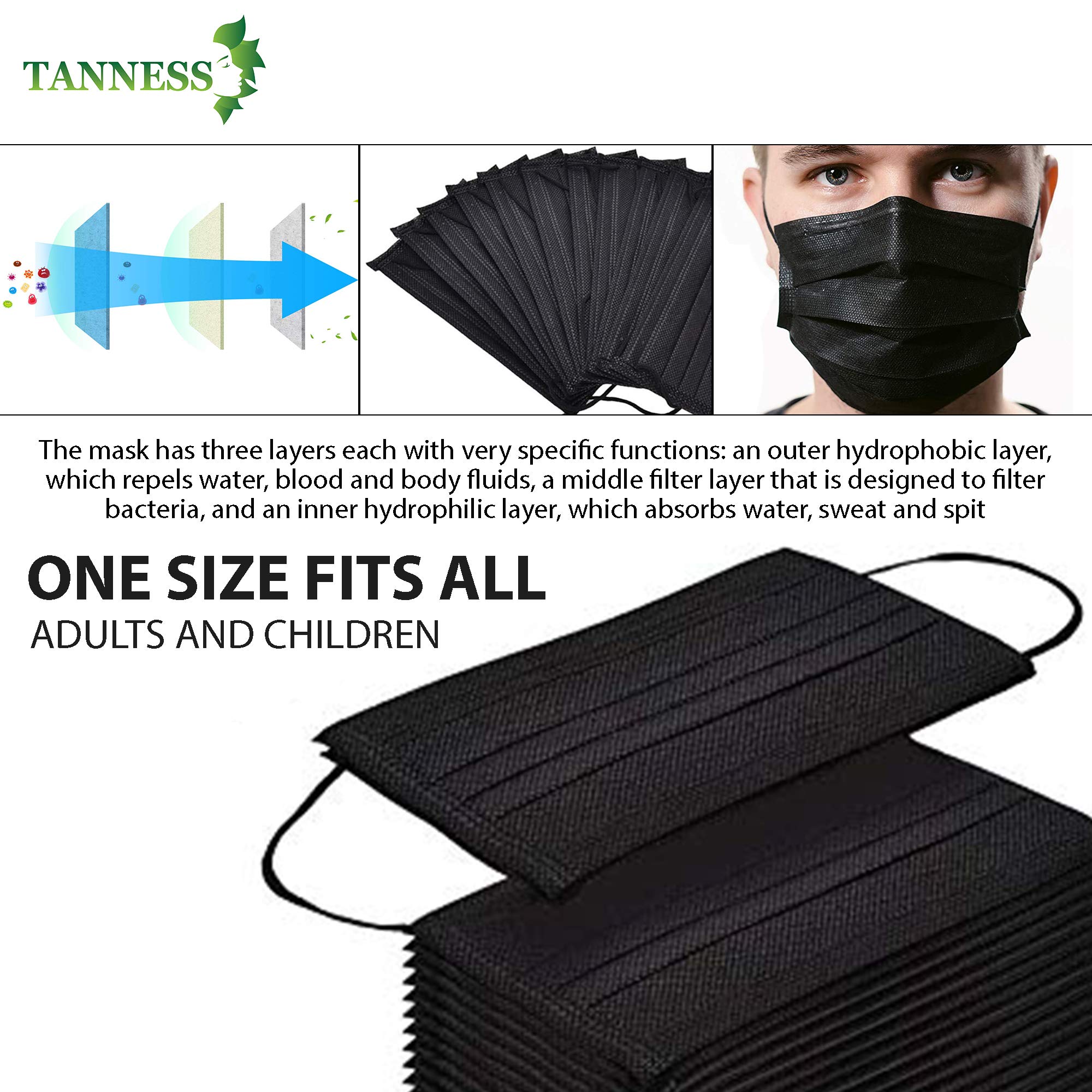 Tanness (Pack of 50) Black 3 Ply Safety Masks - Disposable Black Face Masks Protective 3 Ply Breathable Triple Layer Mouth Cover with Elastic Earloops UK