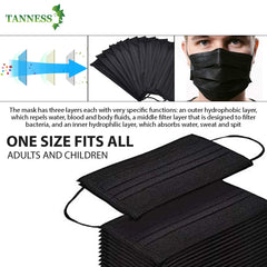 Tanness (Pack of 50) Black 3 Ply Safety Masks - Disposable Black Face Masks Protective 3 Ply Breathable Triple Layer Mouth Cover with Elastic Earloops UK