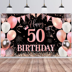 50th Birthday Backdrop Banner,BTZO Happy 50th Birthday Decorations,Rose Gold Black Fabric Photo Backdrop Background for Men and Women 50th Birthday Party,180×110cm