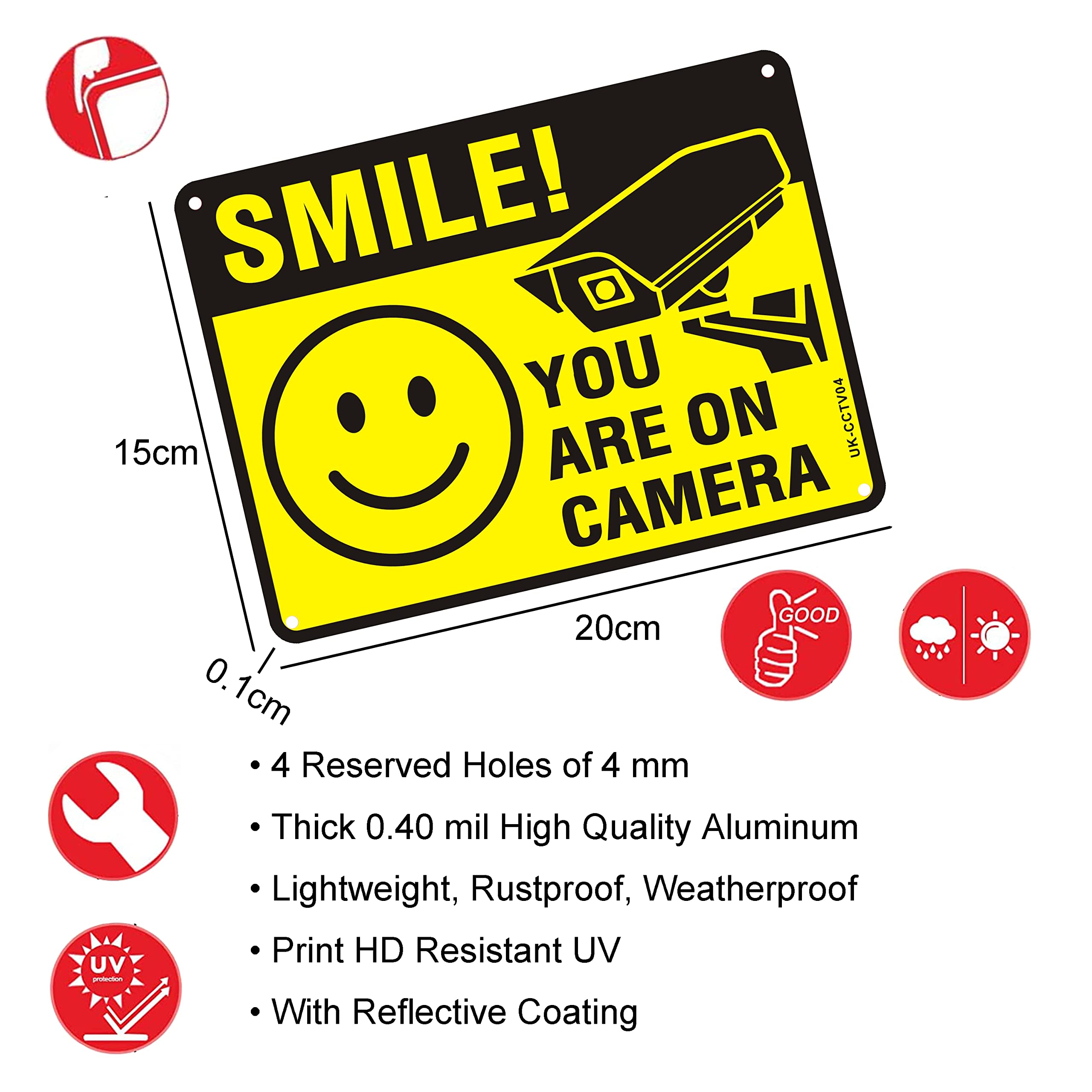 Smile Your on Camera Signs Reflective Aluminum, Pack of 2 Smile You are on Camera Sign Metal 20x30cm (A4) CCTV Sign Smile Funny Camera Signs Waterproof, UV Resistant, Durable