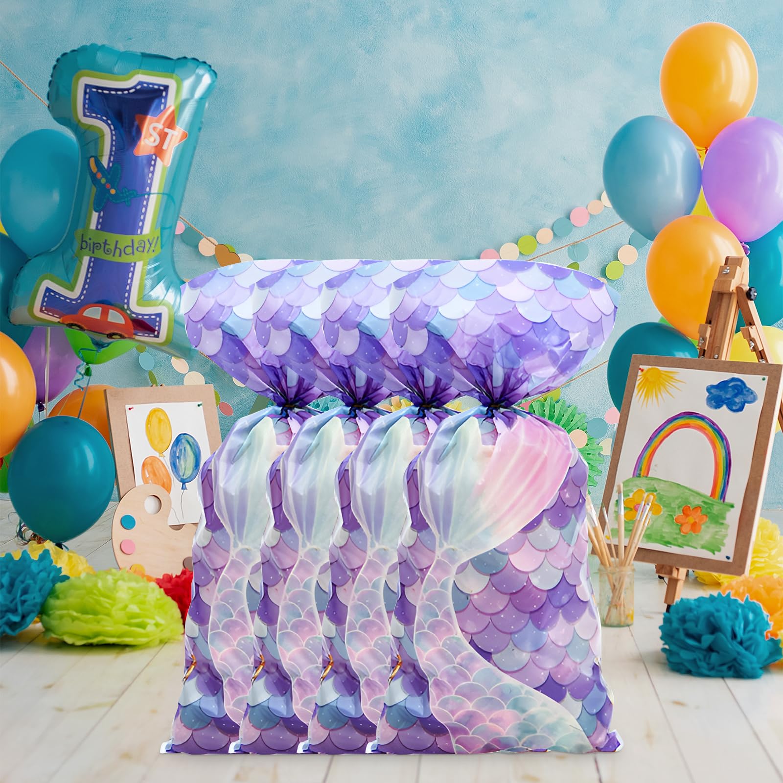 mciskin Personalized Mermaid Gift Wrap Cellophane Bags for Mermaid Theme Party Small Empty Bags Mermaid Tail Goodie Bag Candy Bag Cookies Treat Bags with Ties for Birthday Wedding Party Decorations