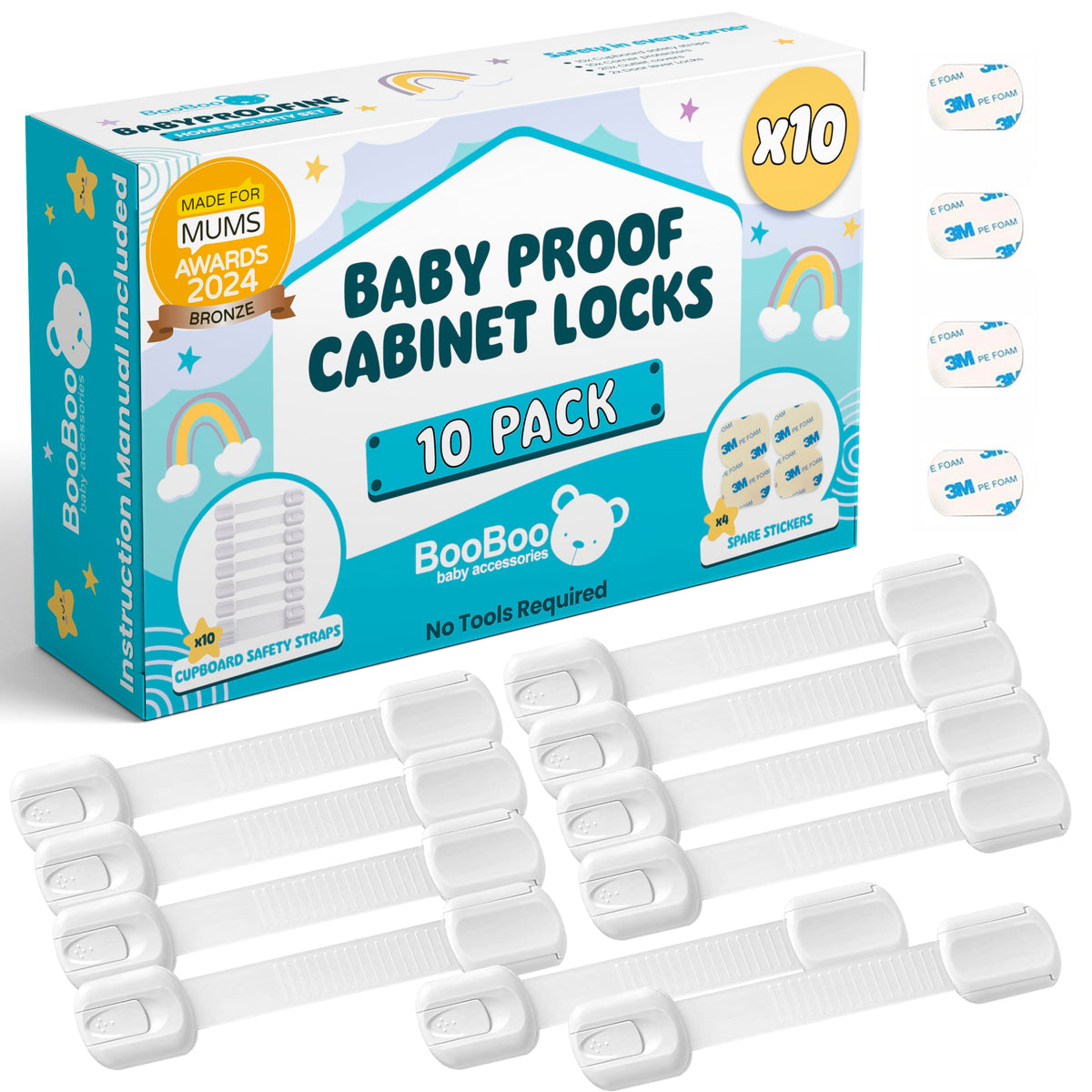 BooBoo® (10 PACK) Premium Cabinet Locks Baby Proofing, Child Proof Cabinet Locks with 3M Adhesive, Drawer Locks Baby Proofing Cabinets with No Drilling, 3M Adhesive and 4 Extra Stickers