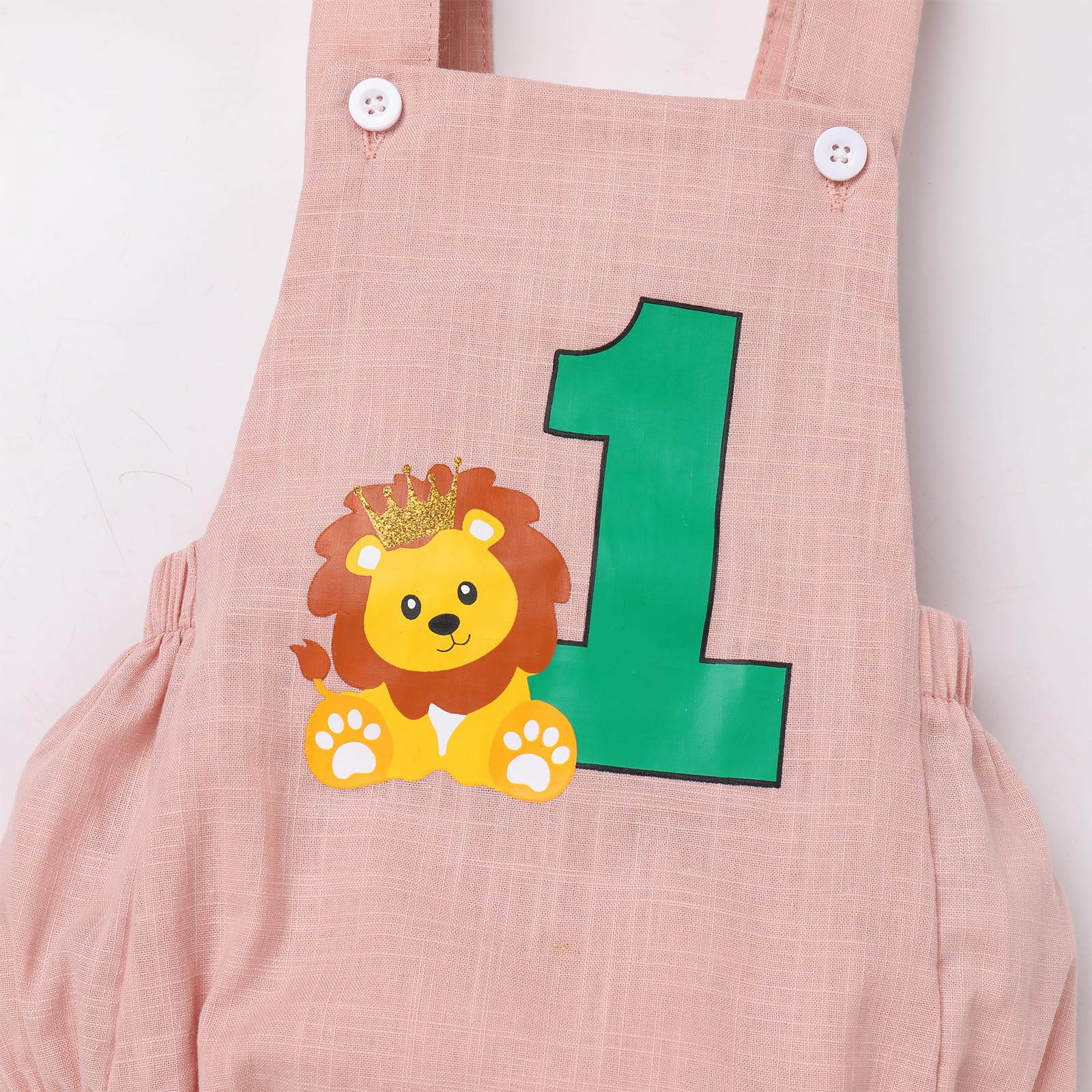 Baby Boys 1st First Birthday Smash Cake Outfit Jungle Safari Animal Themed One Year Old Party Photo Shooting Bubble Romper Button Strap Bodysuit Bib Overall Jumpsuit Playsuit Pink Lion 6-12 Months