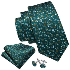 Barry.Wang Man Green Floral Necktie Set Silk Woven Solid Fashion Handkerchief Cuff Links Business Ceremony