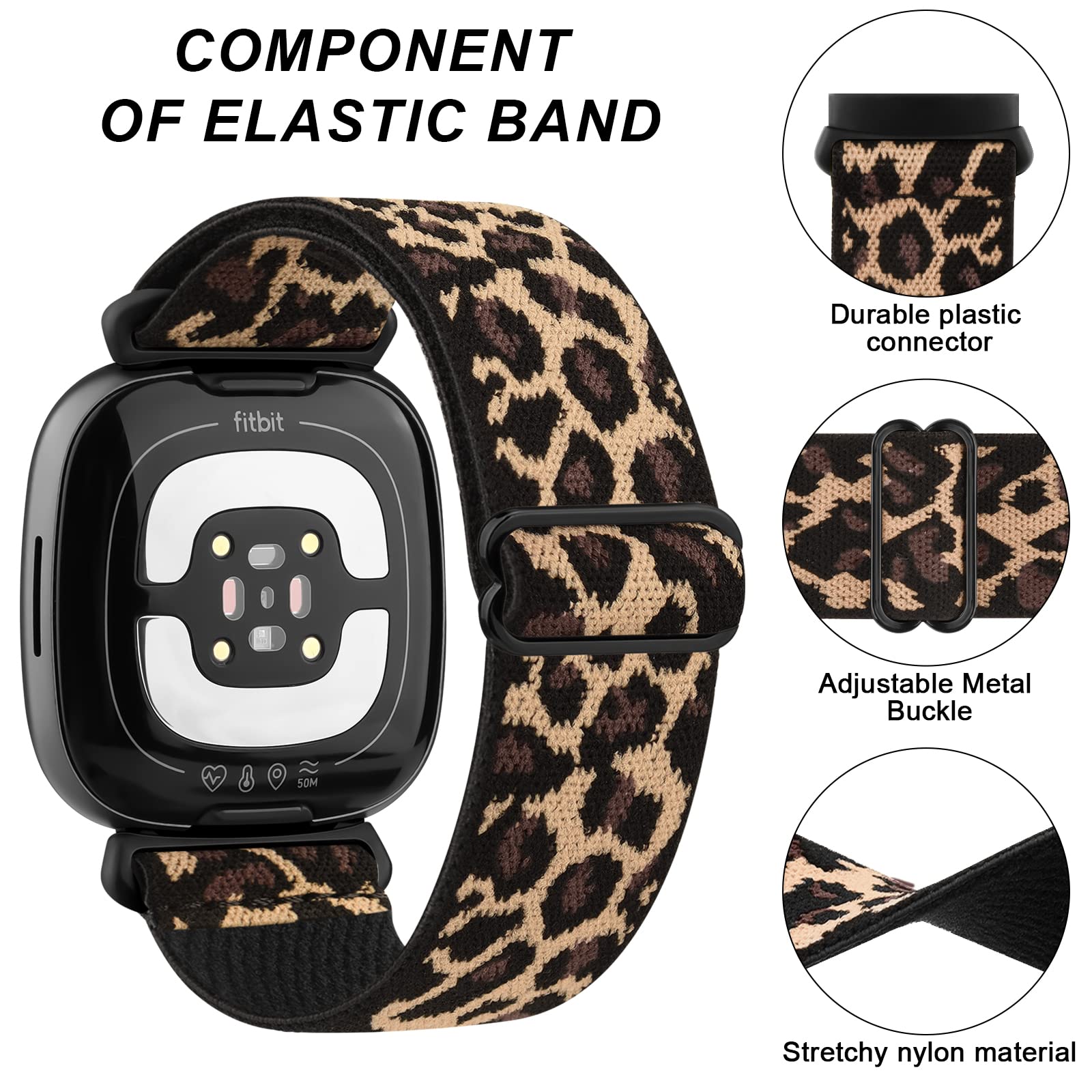 AK Straps Compatible with Fitbit Versa 4 Strap/Fitbit Versa 3 Straps/Fitbit Sense Strap/Sense 2 Strap for Women Men, Soft Elastic Nylon Replacement for Fitbit Versa 4/Versa 3/Sense 2(Leopard)