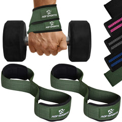 AQF Weight Lifting Straps Figure 8 with Padded Cuff Wrist support Training Gym Straps Hand bar Grip Gloves Support Workout (Military Green)