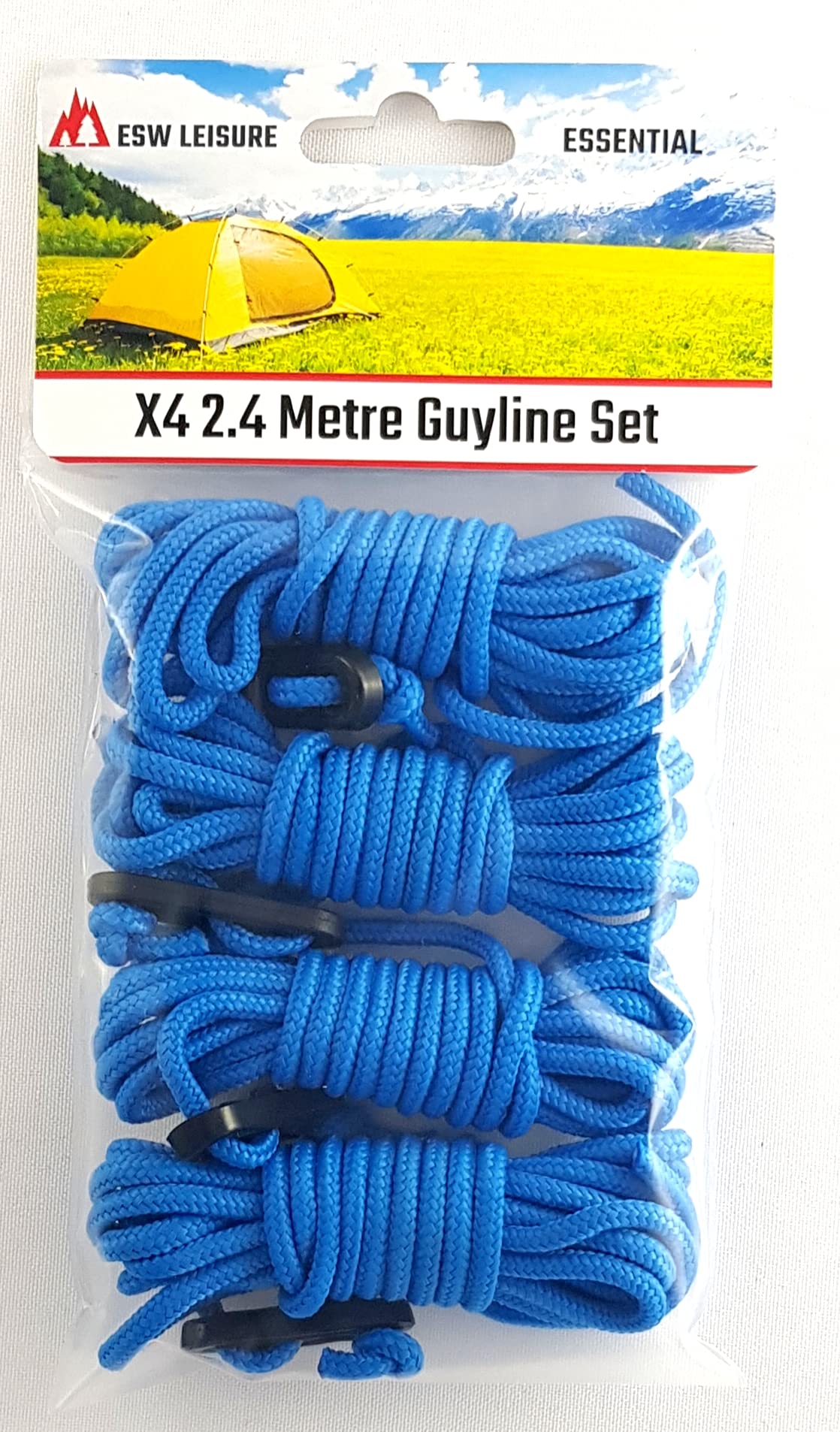 ESW LEISURE Guyline Ropes 4 Pack For Tents Awning Camping Strong Lightweight Paracord Guy Rope With Tensioner Guy Lines Fishing Umbrella Shelter Caravan Gazebo (Bright Blue 2.4, 2.4 Metre 4 Pack)