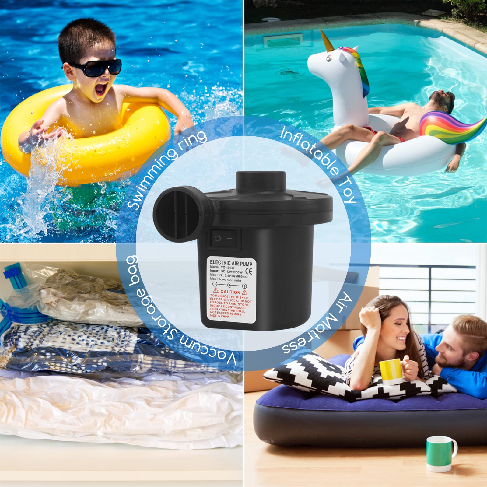 Jsdoin Electric Pump for Inflatables with 3 Nozzles, AC 240V/DC 12V 50W High Power Electric Air Pump for Air Bed Mattress Inflatables Paddling Pool Beach Toys, Fill Inflator Deflator