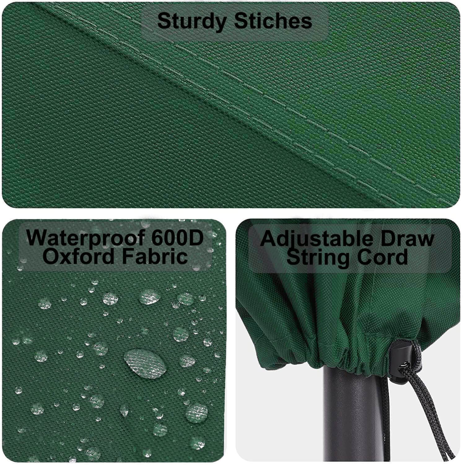 RICHIE Garden Parasol Cover Patio Umbrella Covers for Parasol Fits 2 to 3m Diameter Parasols 153x30x30cm Waterproof Tear Resistant 600D Oxford PVC Coating with Drawstring Cord at Bottom, Green, NO ZIP