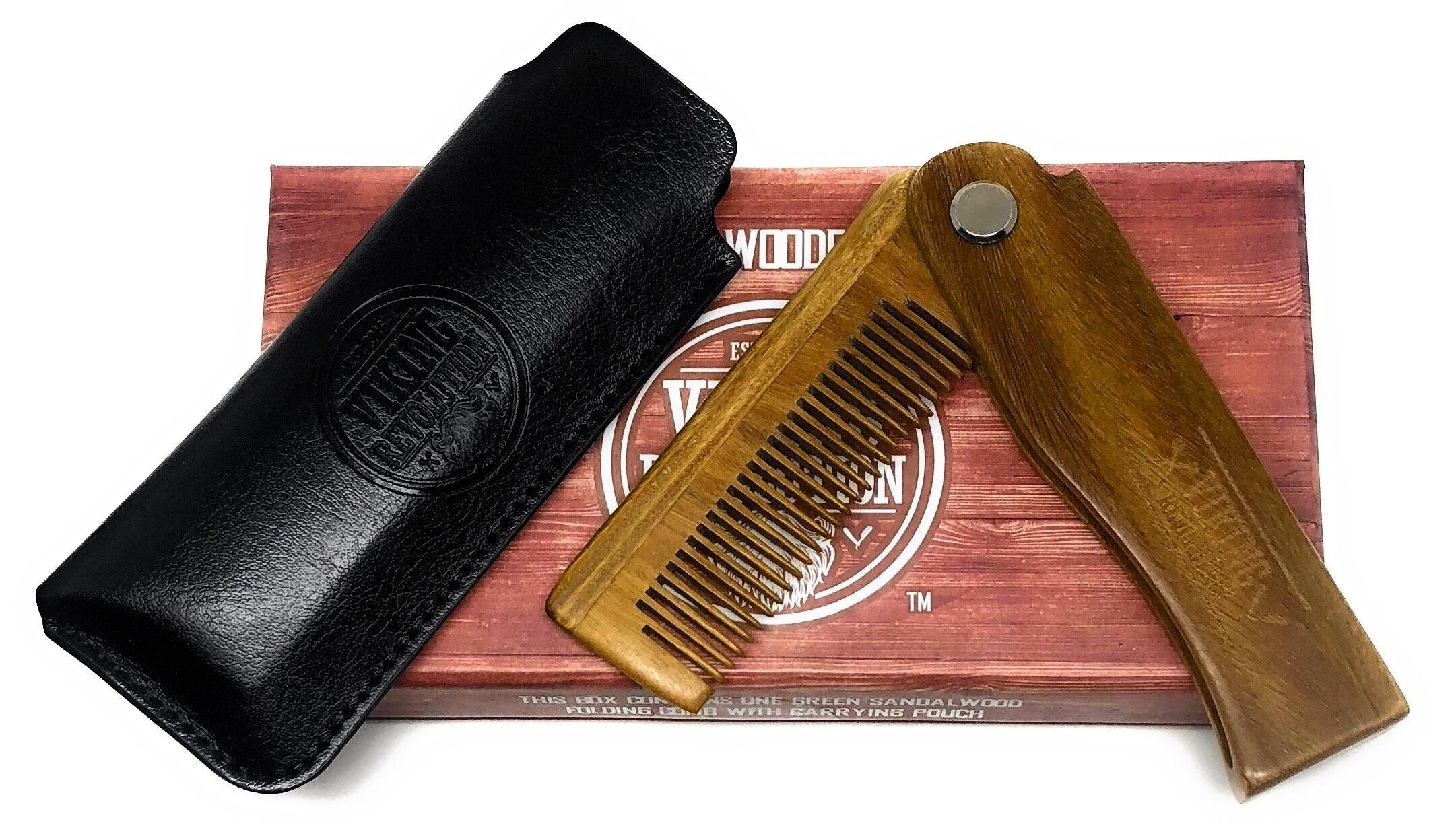 Folding Beard Comb for Men w/Carrying Pouch - All Natural Wooden Beard Comb w/Gift Box - Green Sandalwood Folding Comb for Grooming & Combing Hair, Beards and Mustaches by Viking Revolution