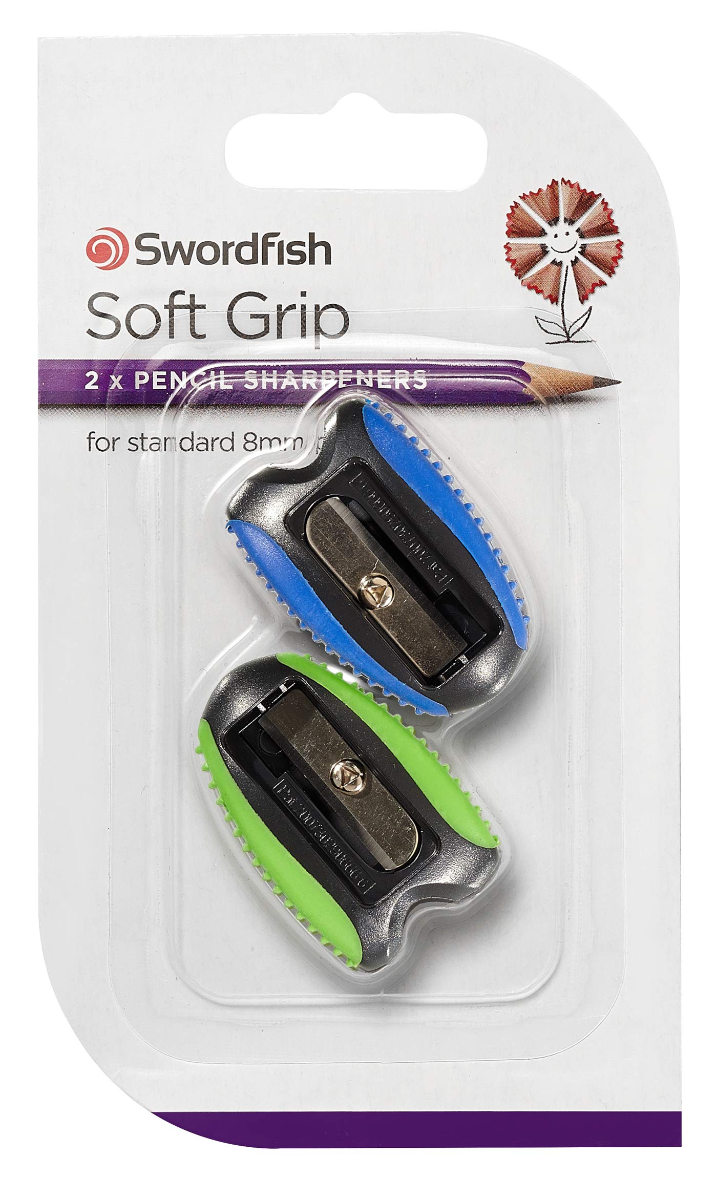 Swordfish [40287]‘Soft Grip’ Pencil Sharpener [Pack of 2] Assorted Colours ,Yellow,Blue,Green,Red