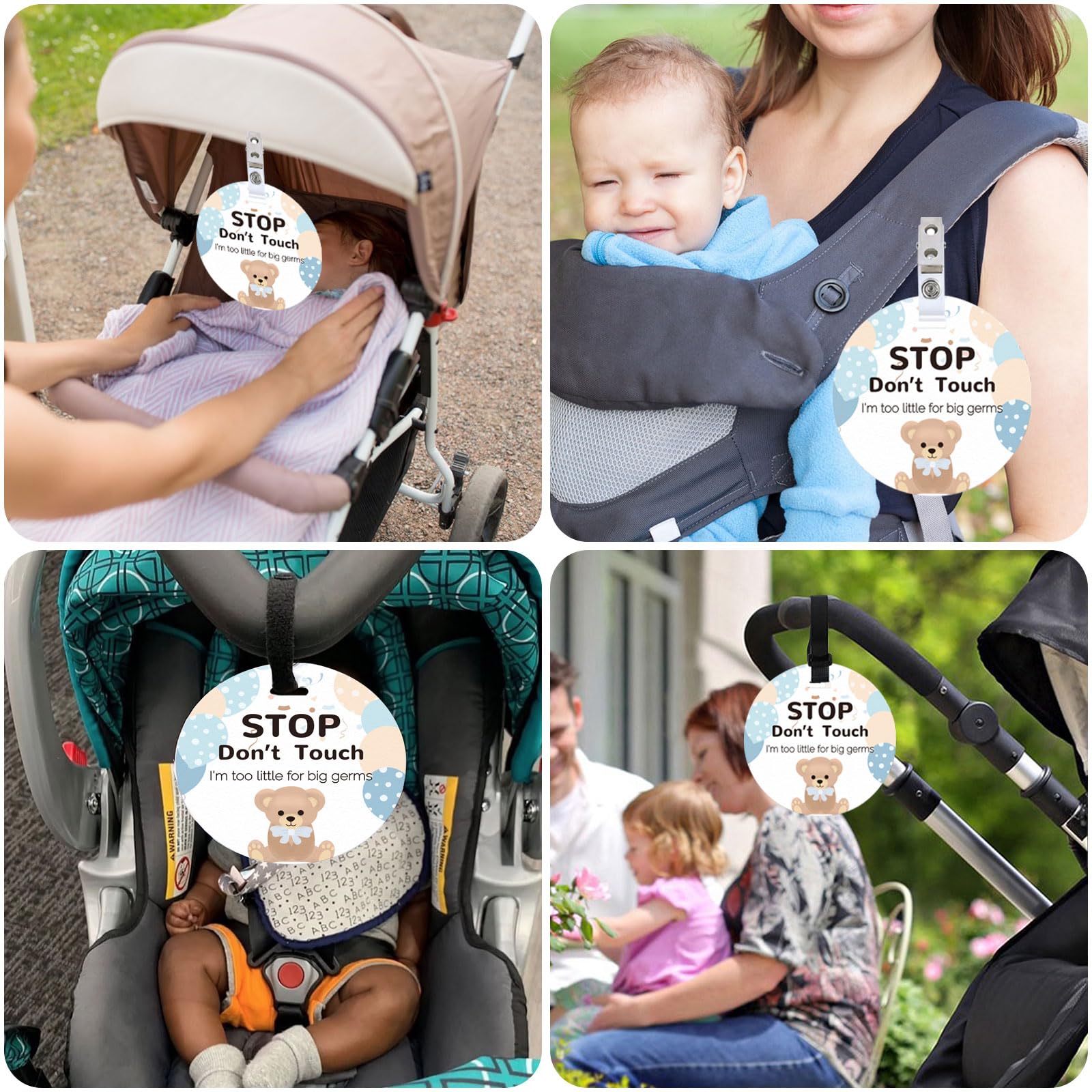 ORIGACH 2 Pack No Touching Baby Stroller Tag Set, Bear Pattern Stop Touching Baby Car Seat Carrycot Sign with Hanging Straps and Clip, No Touch Baby Safety Sign for Newborn Baby Girl Boy