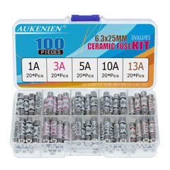 AUKENIEN 5 Values 100pcs BS1362 Fuse 1A 3A 5A 10A 13A 240V 1 3 5 10 13 Amp 240 Volt Fuses Assorted Household UK 6.3x25 mm 0.248x0.984 Inch Ceramic Tube Fuses Assortment Kit for Mains Plug