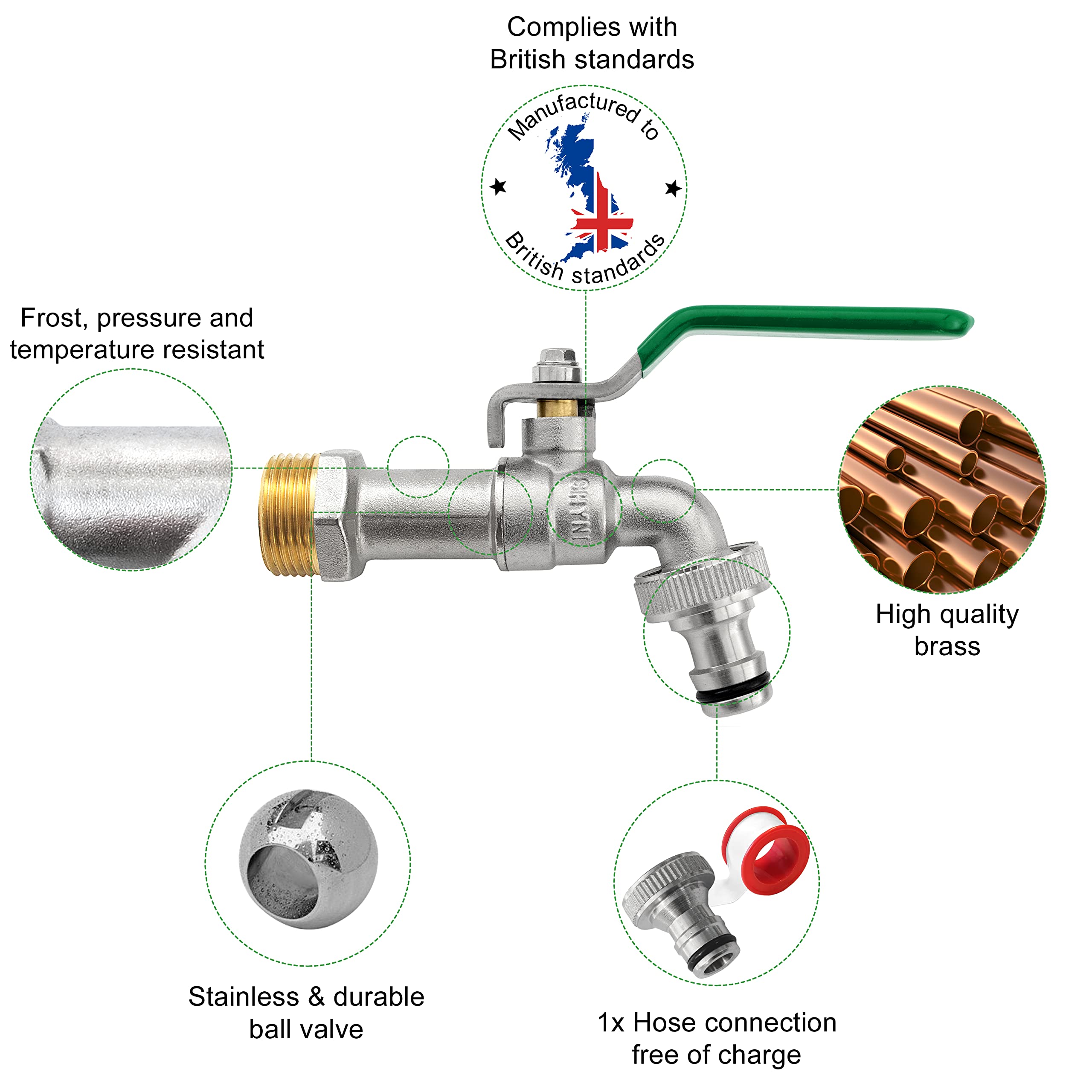 SHYNE Premium 3/4'' Inch Brass Water Tap - Rust and Frost Resistant and 1x Hose Connector and E-Book   for Garden, Washing Machine, Rain Barrel (2 Pieces)