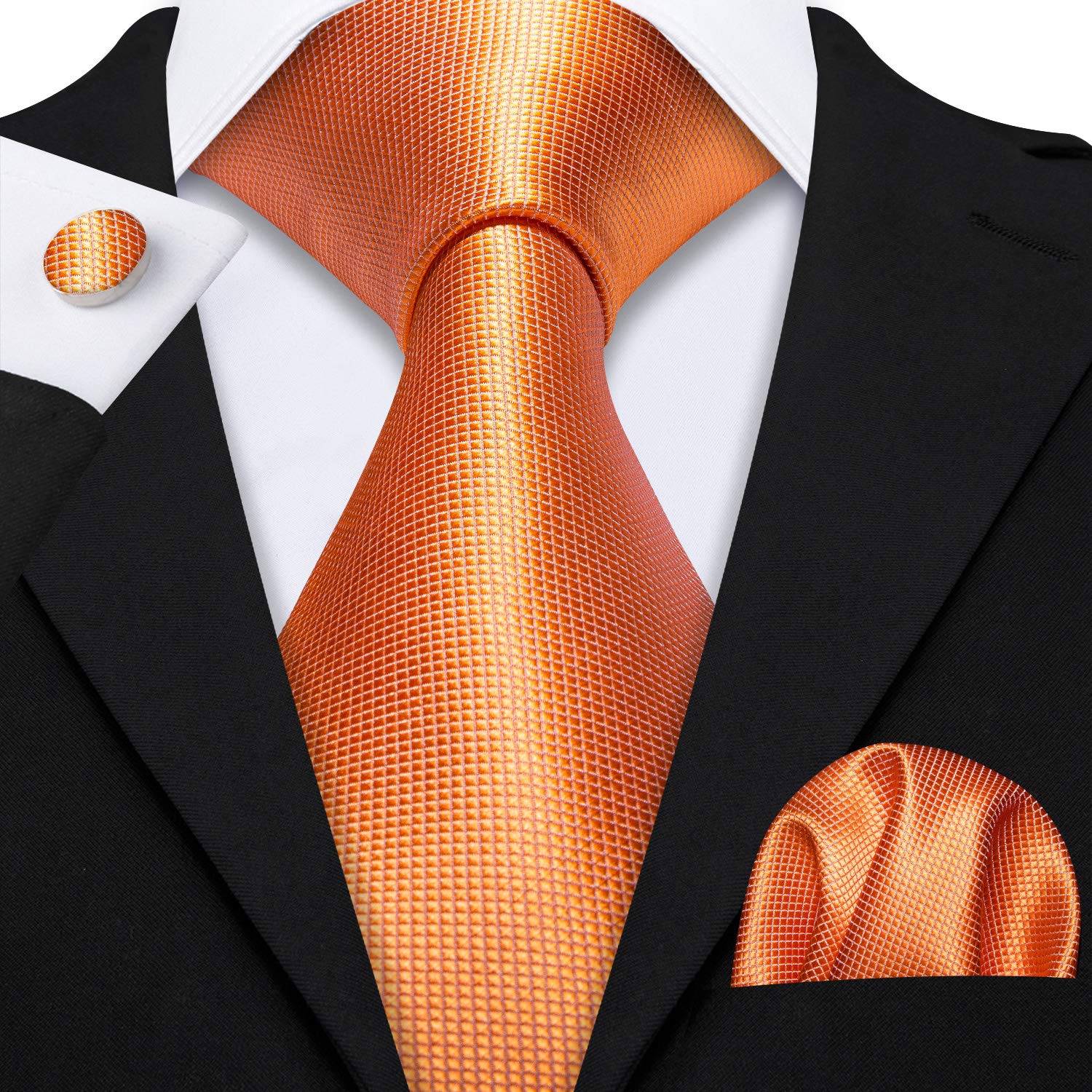 Barry.Wang Orange Tie Set with Handkerchief Cufflinks Silk Party Necktie