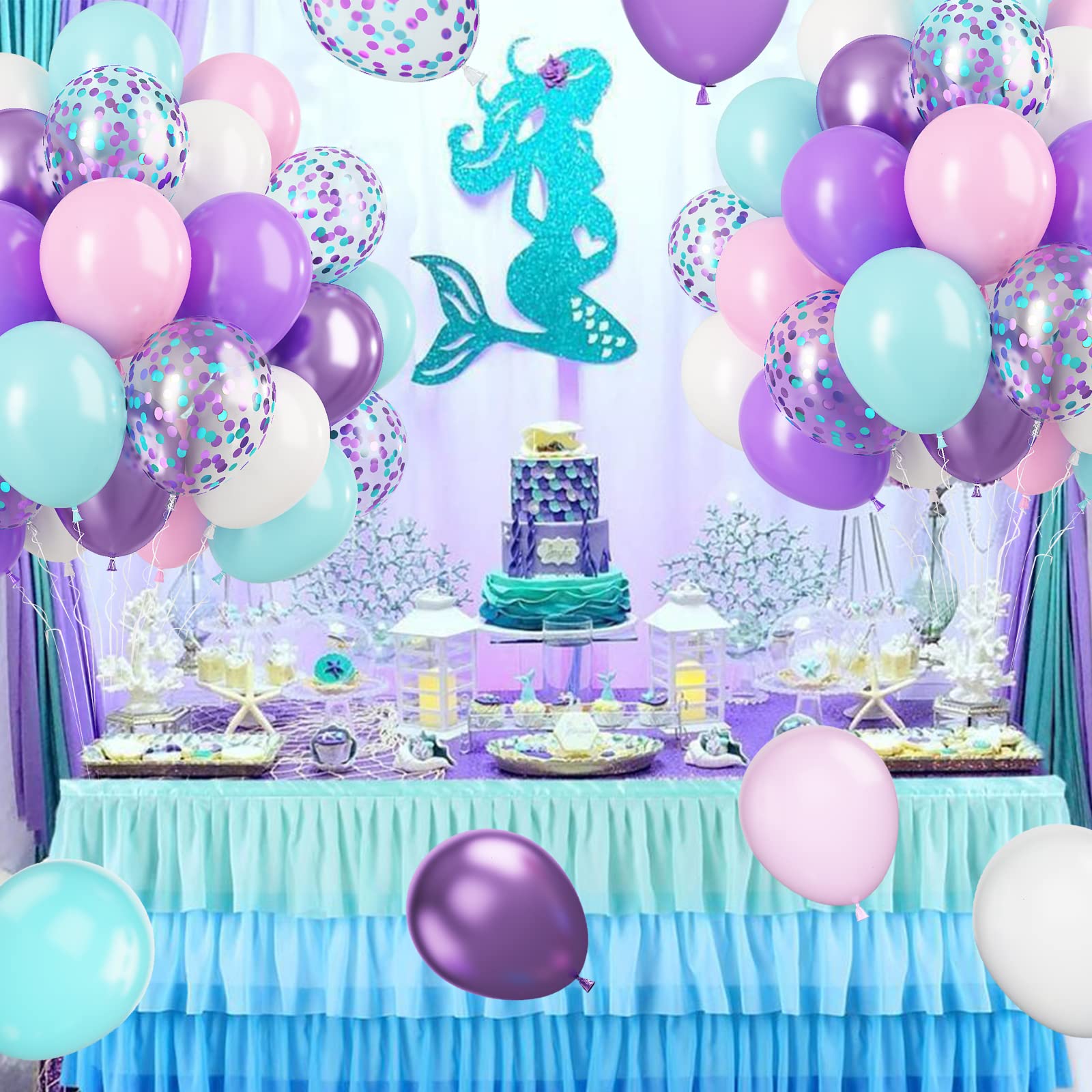 Pink Purple Blue Balloons, 60Pcs Blue Purple Balloons Mermaid Party Decorations, Metallic Purple and Blue Pink Balloons, Mermaid Balloons for Girls Baby Shower Birthday Mermaid Theme Party Supplies