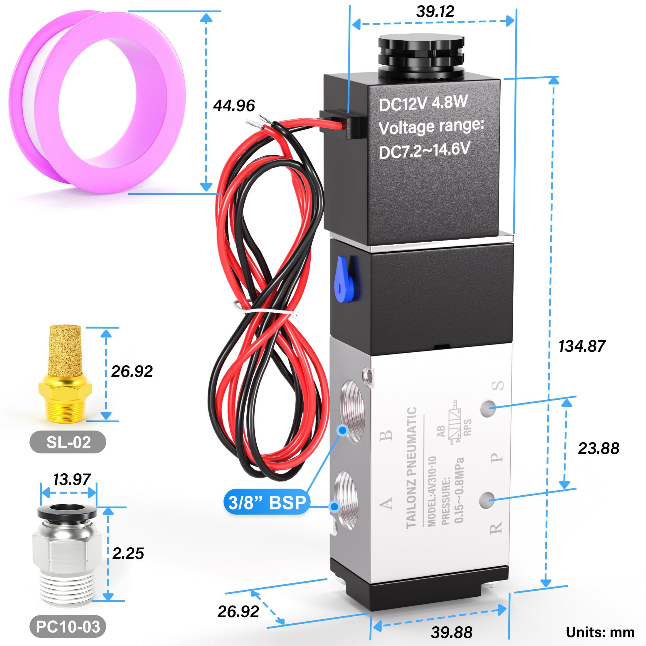 TAILONZ PNEUMATIC 3/8 Inch BSP Solenoid Valve 12V Single Coil Pilot-Operated Electric 2 Position 5 Way Connection Type 4V310-10