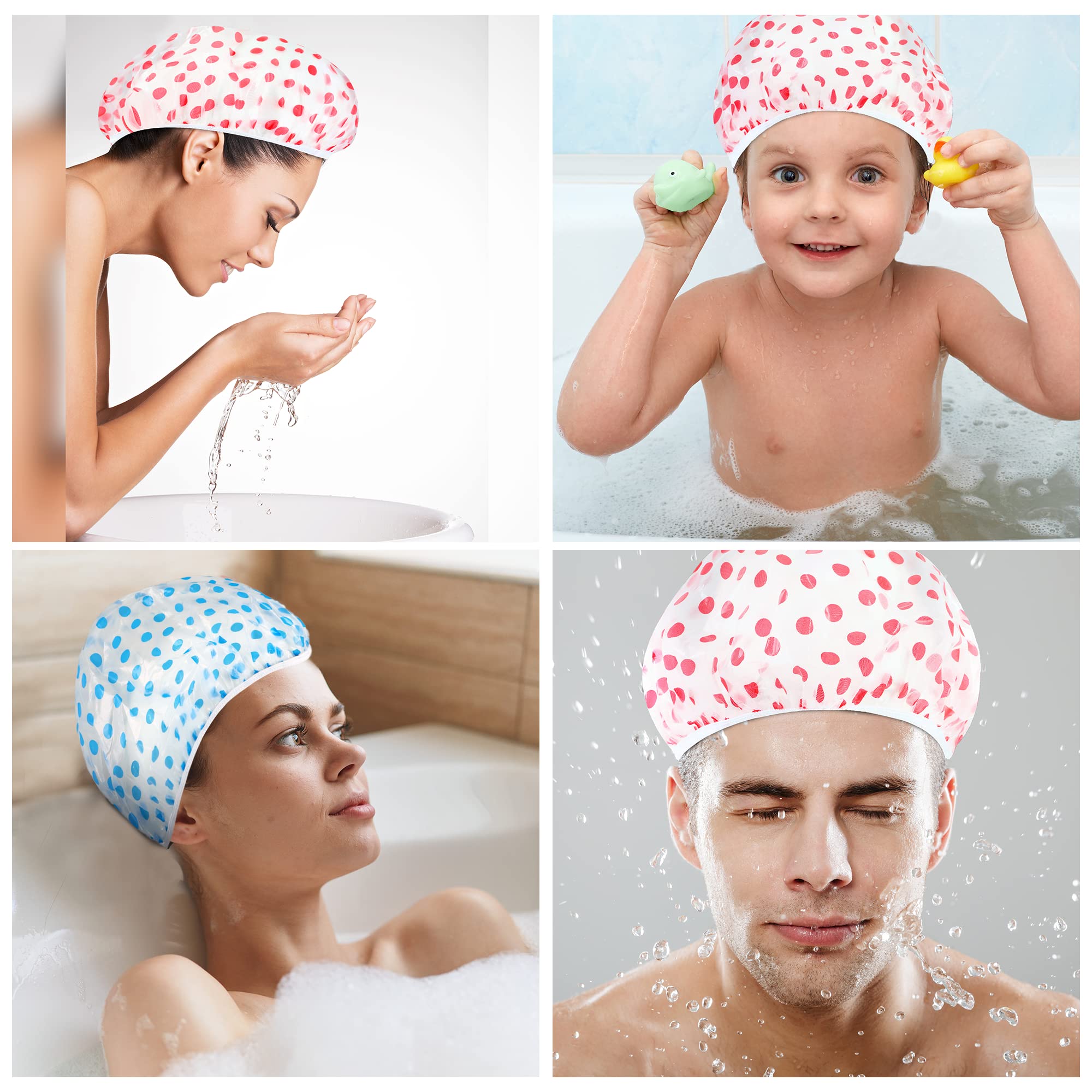 Nimxy Pack of 4 Shower Cap, Reusable Shower Caps For Women & Men - Waterproof with Elastic Band & Soft Lining (Dotted)