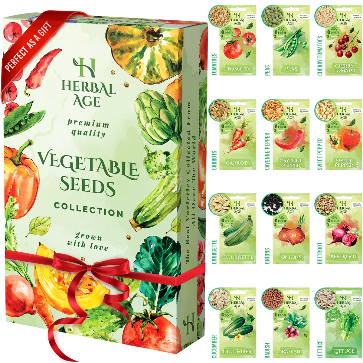 Herbal Age Grow Your Own Seed Box Kits, 12 Vegetable Seeds for Planting UK, 5100 Plants Heirloom Seeds Growing Kit, Peas, Courgette, Carrot, Onion, Lettuce Salad, Tomato Seeds to Plant, Unusual Gifts