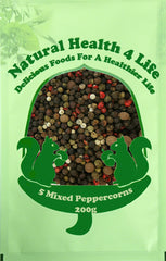 Natural Health 4 Life Spices Mixed Whole Peppercorns Five Pepper (Black, White, Green, Pink and Allspice) 200 g in Bag (1 Bag)