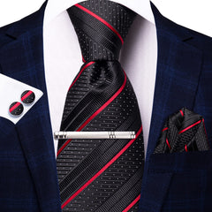 Hi-Tie Formal Black Red Striped Mens Neck Tie Set Silk Woven Ties With Pocket Squares Cufflinks Clip Pin Designer Tie