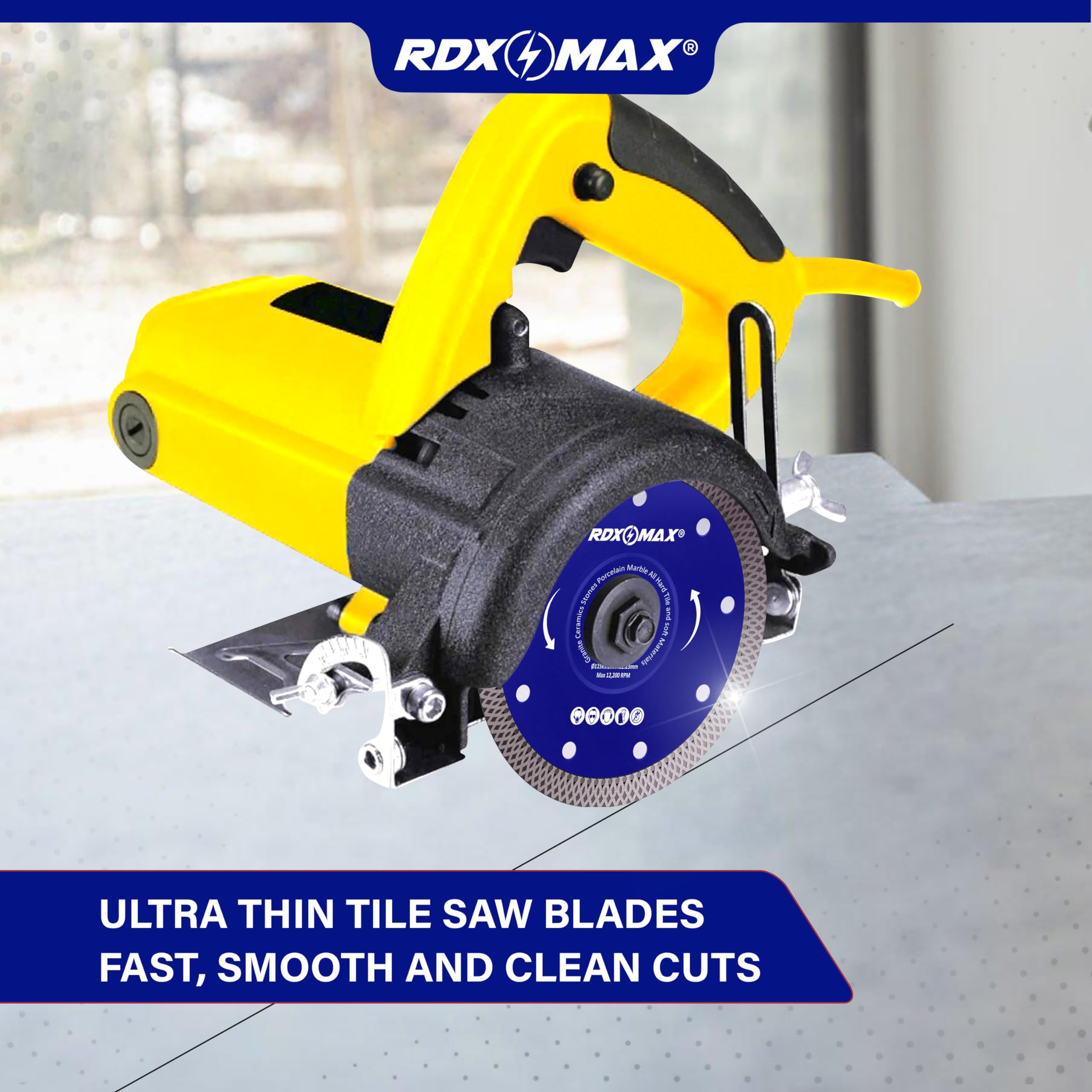 RDXMAX ® 115mm Diamond Cutting Discs for Angle Grinder - Super Thin Fast, Clean Cut on Porcelain, Granite, Marble, Concrete, Tiles, Stones, Bricks & Ceramics- 4.5 inches Wheel - Size 115 x 1.2 x 22.23mm