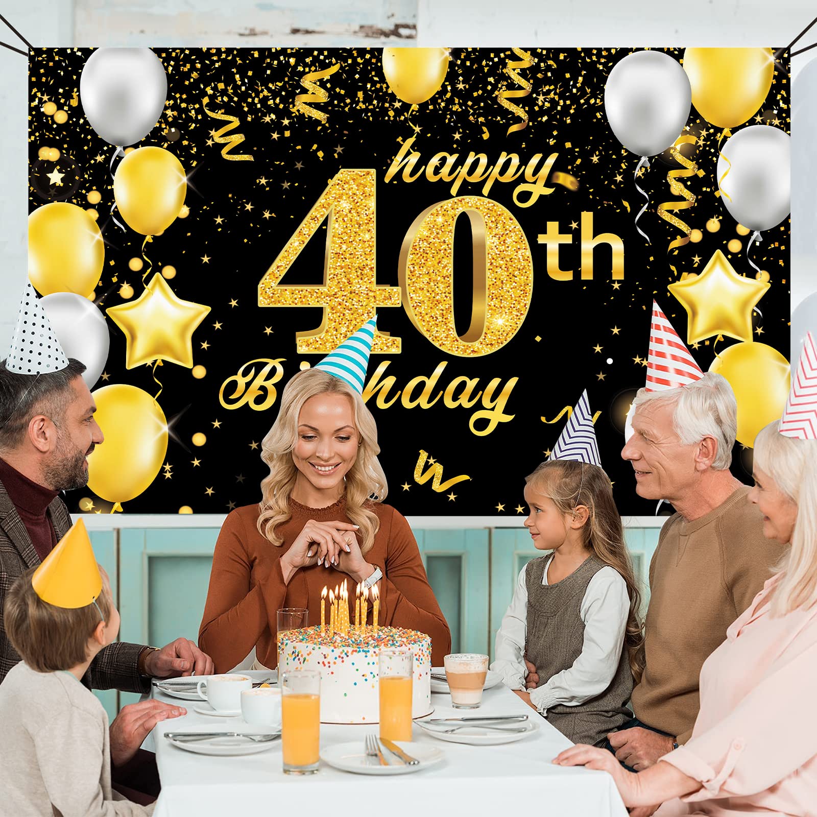 Happy 40th Birthday Banner,40th Birthday Decorations Black Gold,Party Backdrop Banner Fabric Banner for Men Women 40th Birthday Photo Backdrop,Photography Background,Outdoor Garden Table Wall Decor