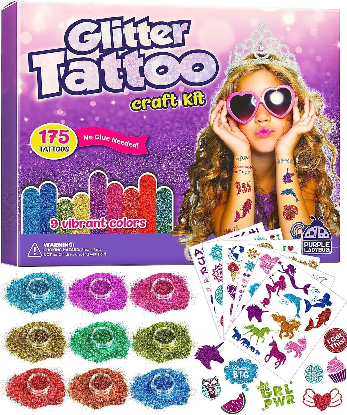 PURPLE LADYBUG Glitter Tattoos for Kids with 175 Designs, Peel & Stick Kids Tattoos for Girls - Girls Birthday Presents for Age 8 9 10 11, Unique 7 Year Old Girl Gifts, & Gifts for 6 Years Old Girls