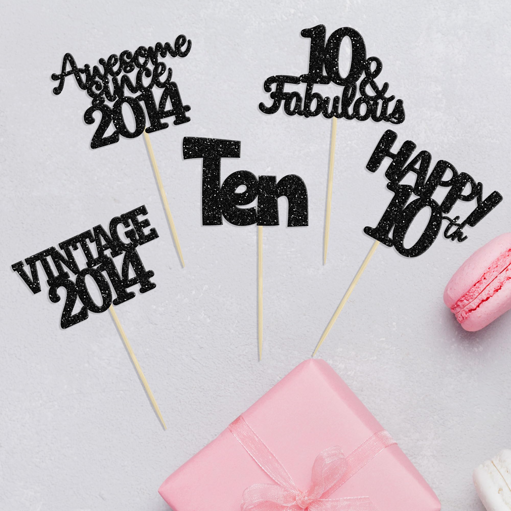 Gyufise 30Pcs Vintage 2014 Cupcake Toppers Glitter Ten Happy 10th Cupcake Picks Cheers to 10 Years Birthday Cake Decorations for Happy 10th Birthday Anniversary Party Supplies Black