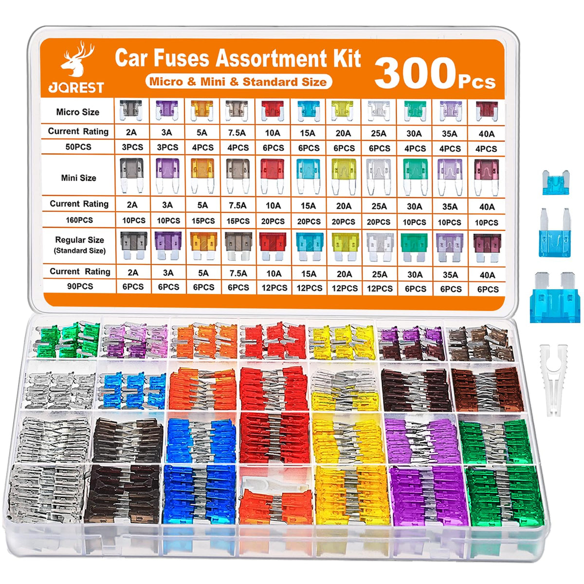 JOREST 300Pcs Car Fuse Assortment Kit, 160 Mini Blade Fuses Automotive and 90 Standard Auto Fuses and 50 Micro Fuse and Fuse Puller – for Car/RV/Truck/Motorcycle(2Amp 3A 5A 7.5A 10A 15A 20A 25A 30A 35A 40A)