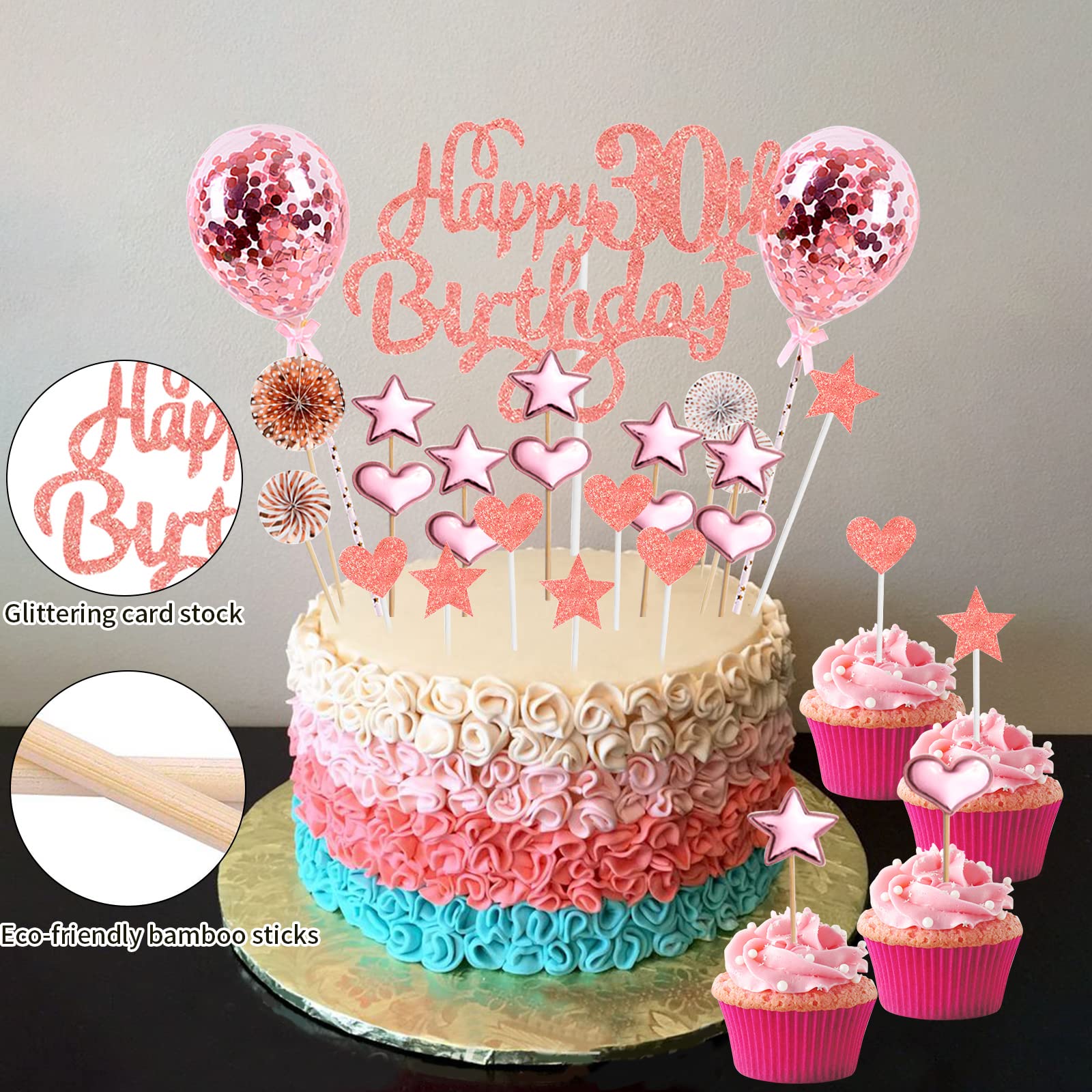 Happy 30th Birthday Cake Topper Rose Gold Glitter 30th Birthday Cake Topper Kit with Star Heart Paper Fan Confetti Balloon 23pcs Romantic Cupcake Topper for Women 30th Birthday Party Cake Decorations