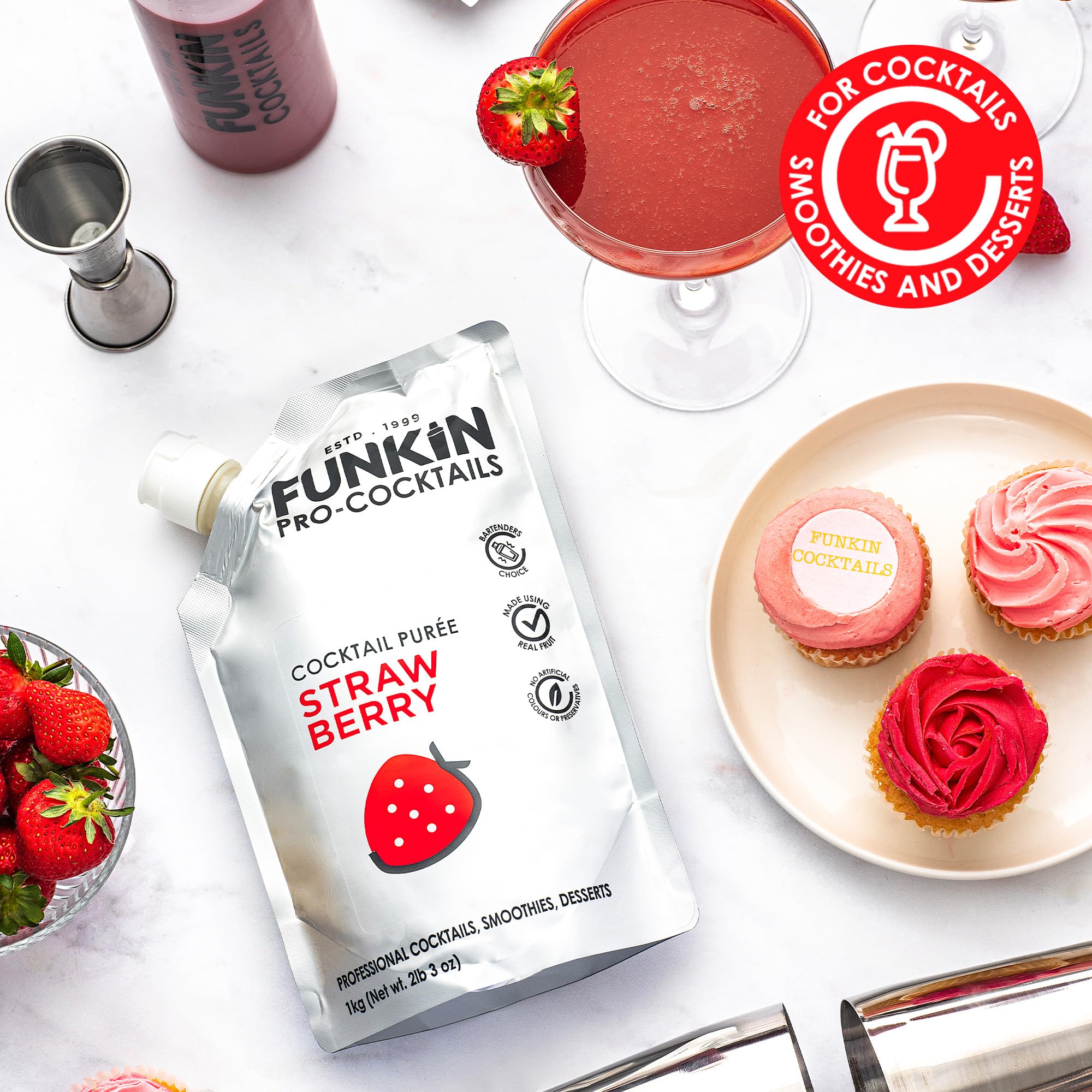 Funkin Pro Strawberry Puree for Cocktails, Cooking & Baking, Real Fruit Cocktail Ingredients, Puree Mixer 1 kg