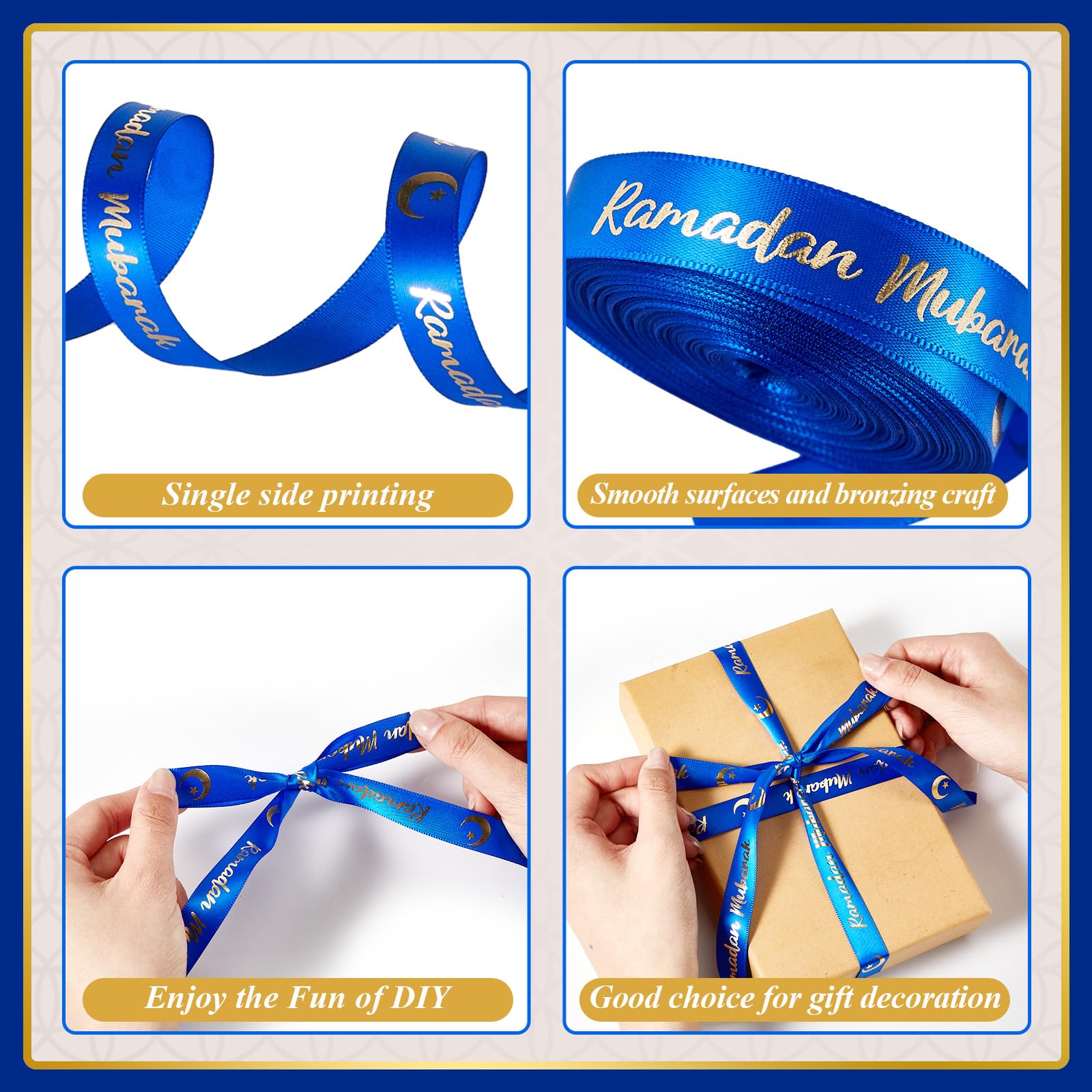 Cindeer 20 Yards Ramadan Mubarak Ribbon Decorations Satin Eid Mubarak Gift Wrapping Ribbon Ramadan Kareem DIY Gift Ribbon for Packing Muslim Party Favours, 16mm Width (Blue and Gold)